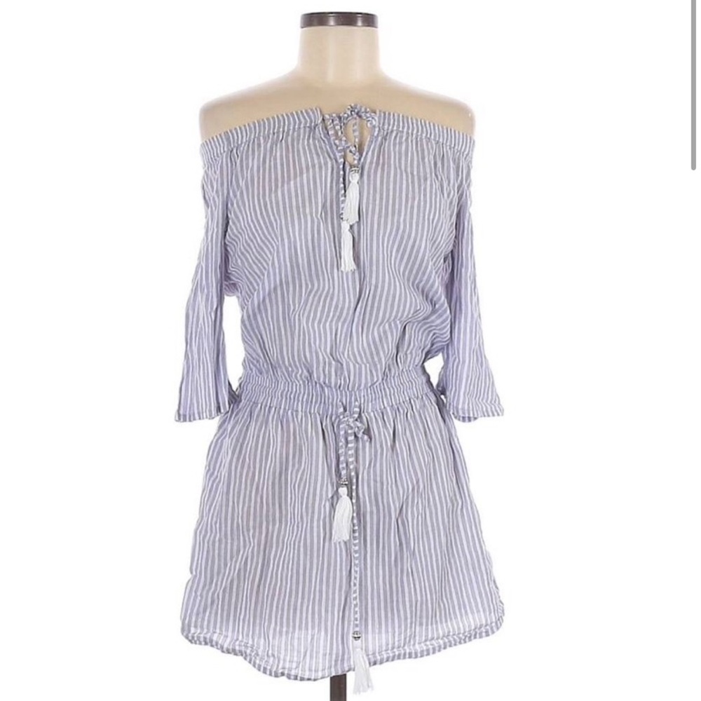 Blue island blue white striped off the shoulder mini dress tassels